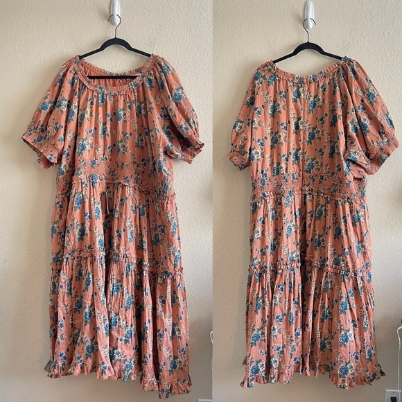 NWT Ivy City Co Tiered Puff Sleeve Midi Cottagecore Brown Floral Dress Size 5X - Picture 2 of 11